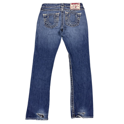 True Religion blue jeans white thick stitching Johnny
