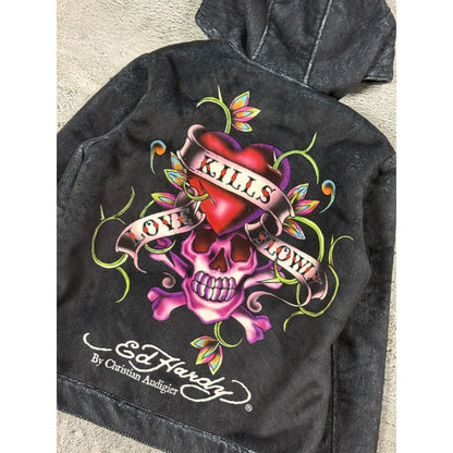 Ed Hardy zip hoodie black red vintage Y2K faux fur