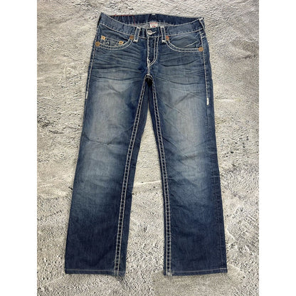 True Religion blue washed jeans white thick stitching Y2K