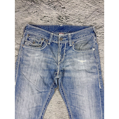 True Religion jeans straight baby blue Mega T white stitch