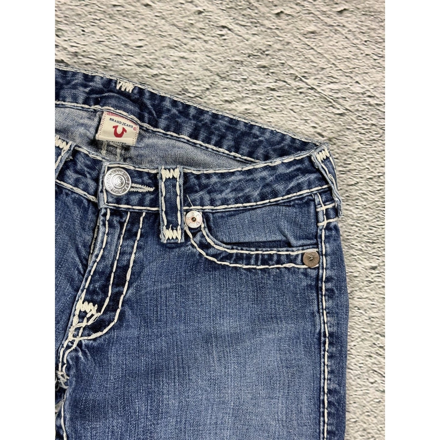 True Religion blue jeans white thick stitching Johnny