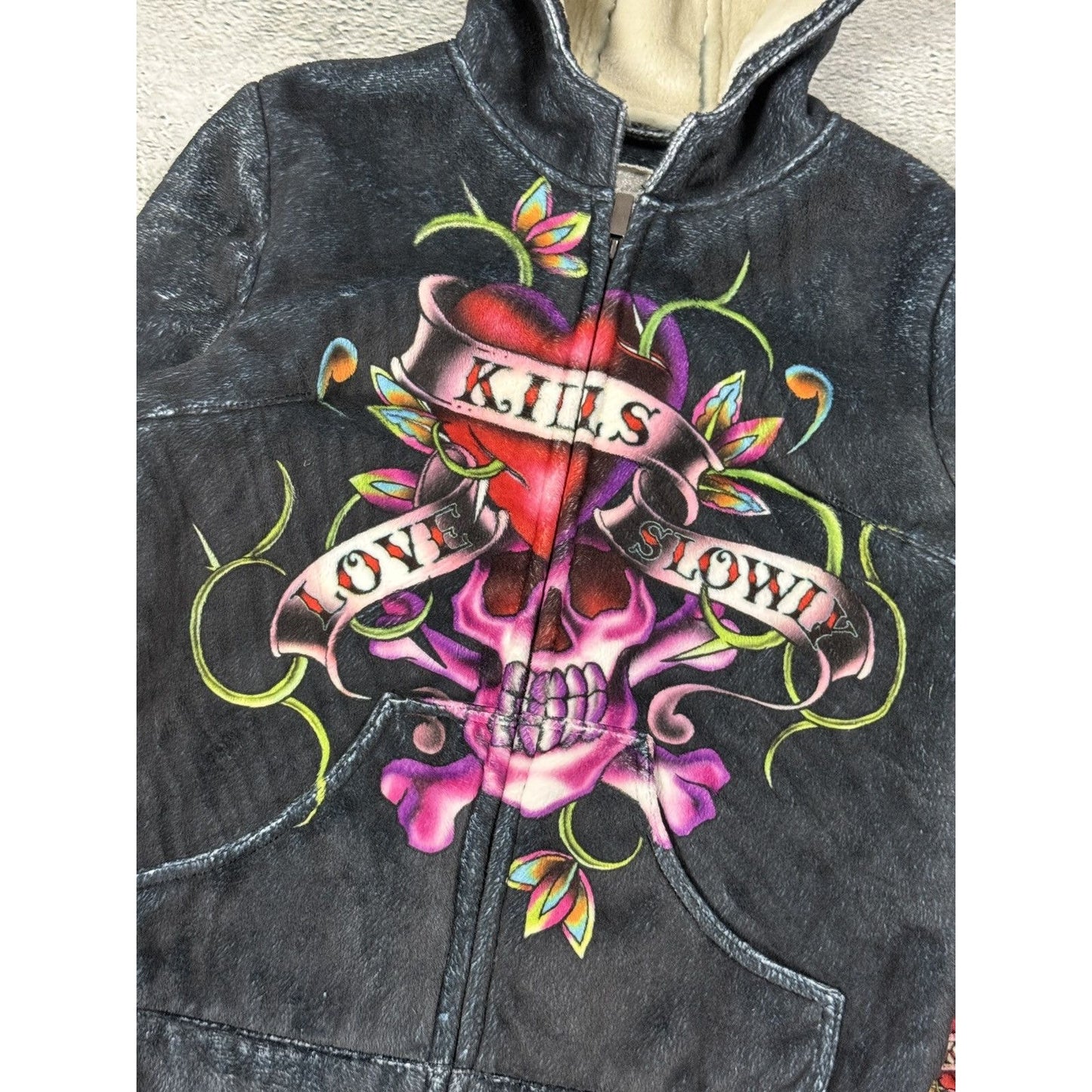 Ed Hardy zip hoodie black red vintage Y2K faux fur
