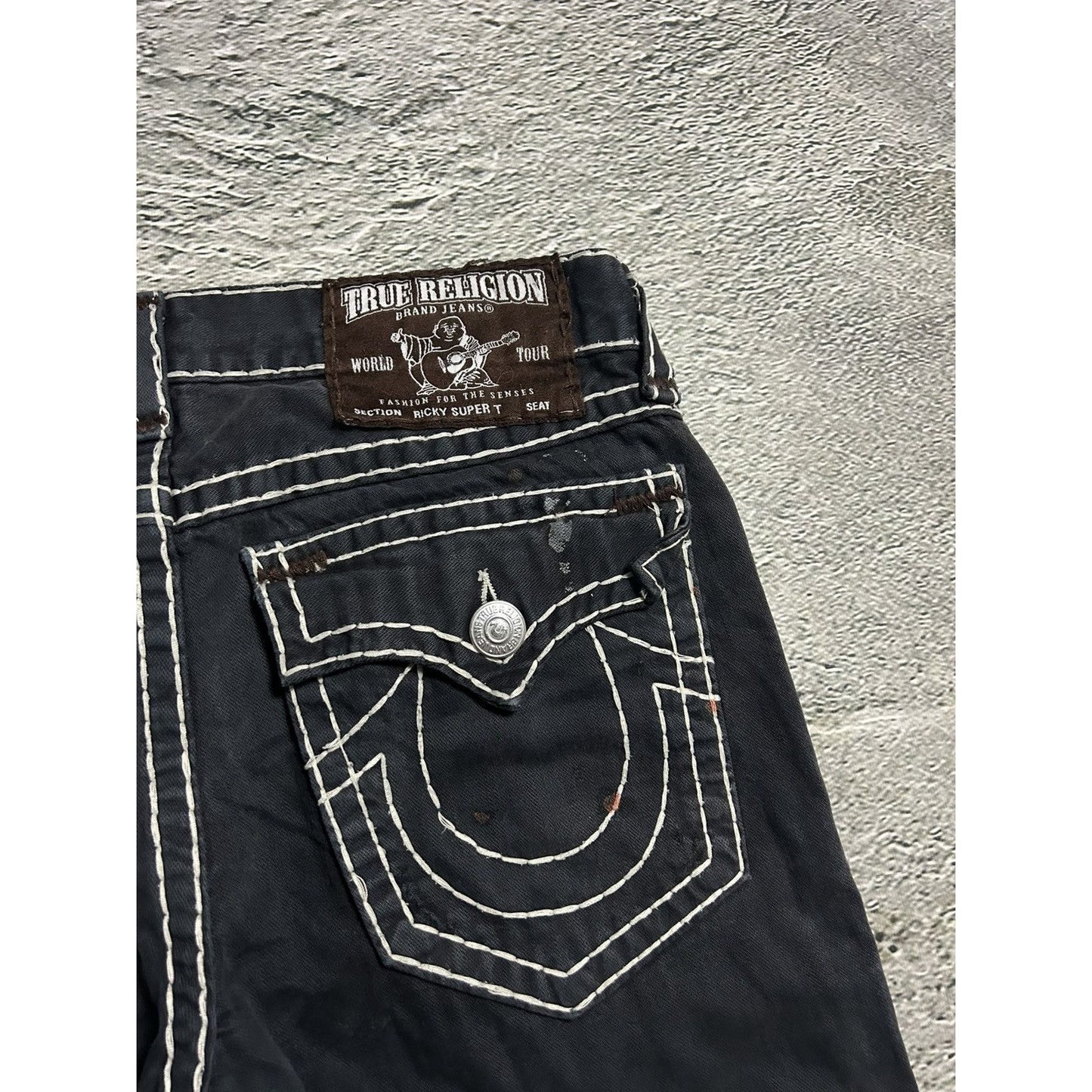 True Religion black jeans white thick stitching Y2K Ricky