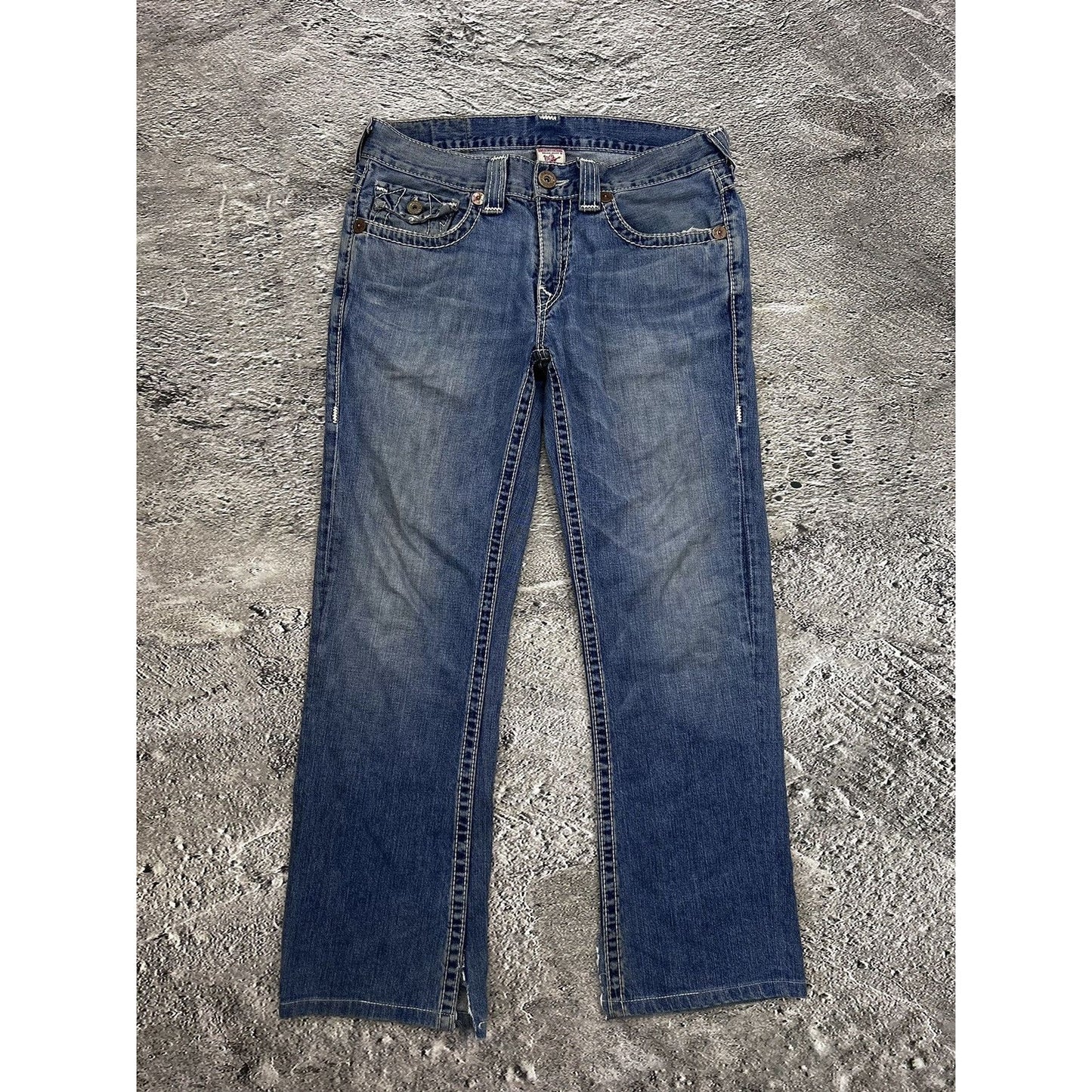 True Religion vintage jeans blue thick stitching white Y2K