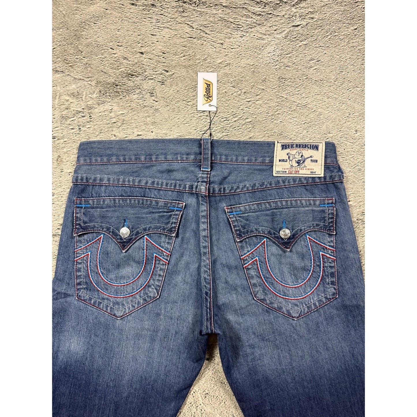 True Religion jorts denim shorts stitching blue red