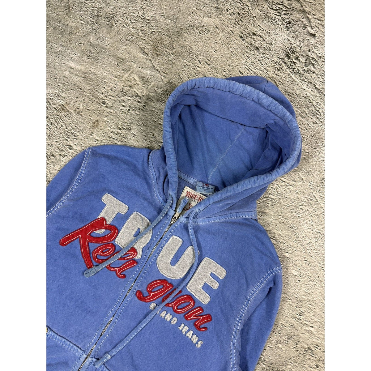 True Religion zip hoodie blue vintage big logo fade Y2K