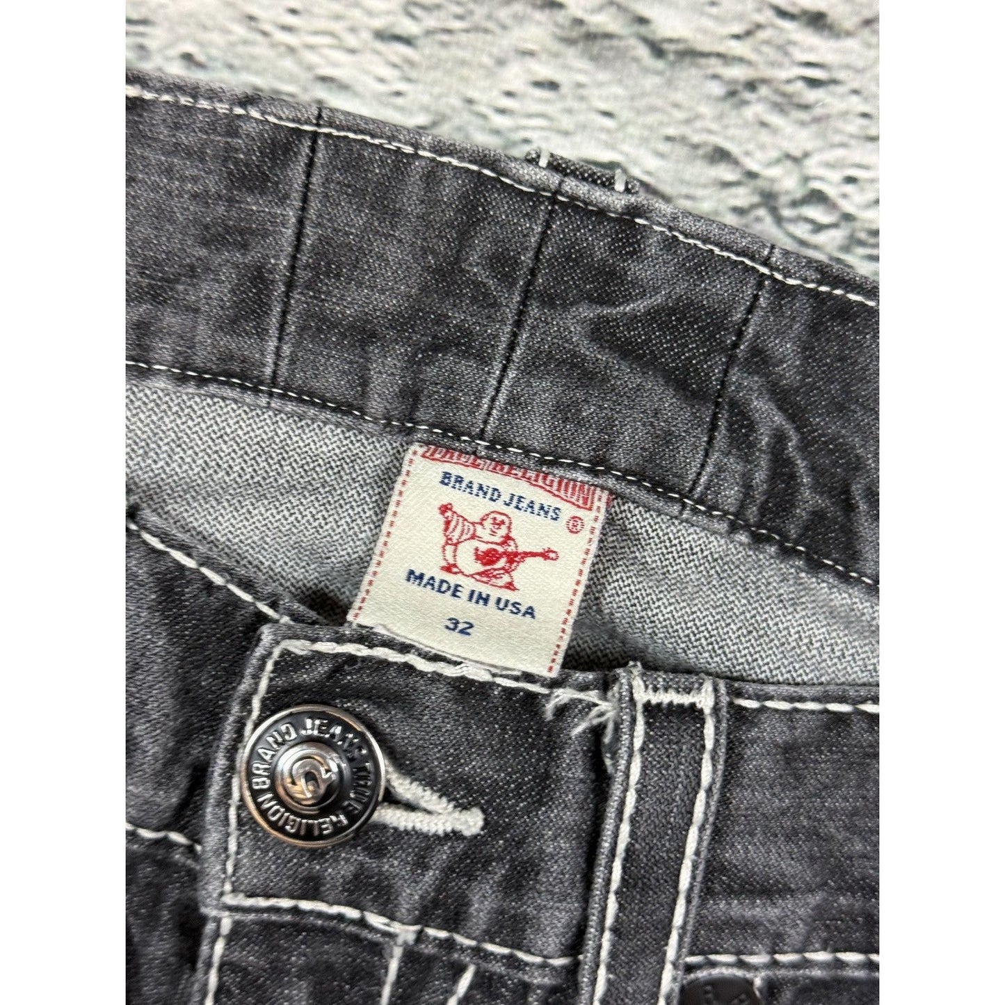True Religion jeans grey black leather patch Bobby straight