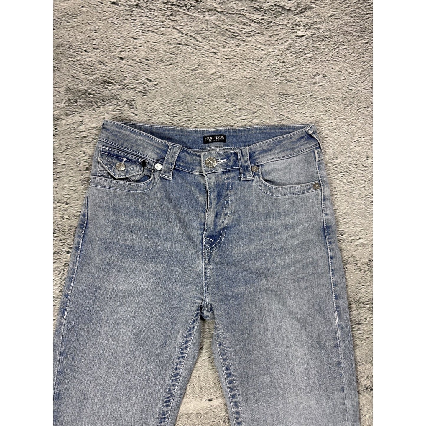 True Religion jeans straight baby blue white stitch Y2K
