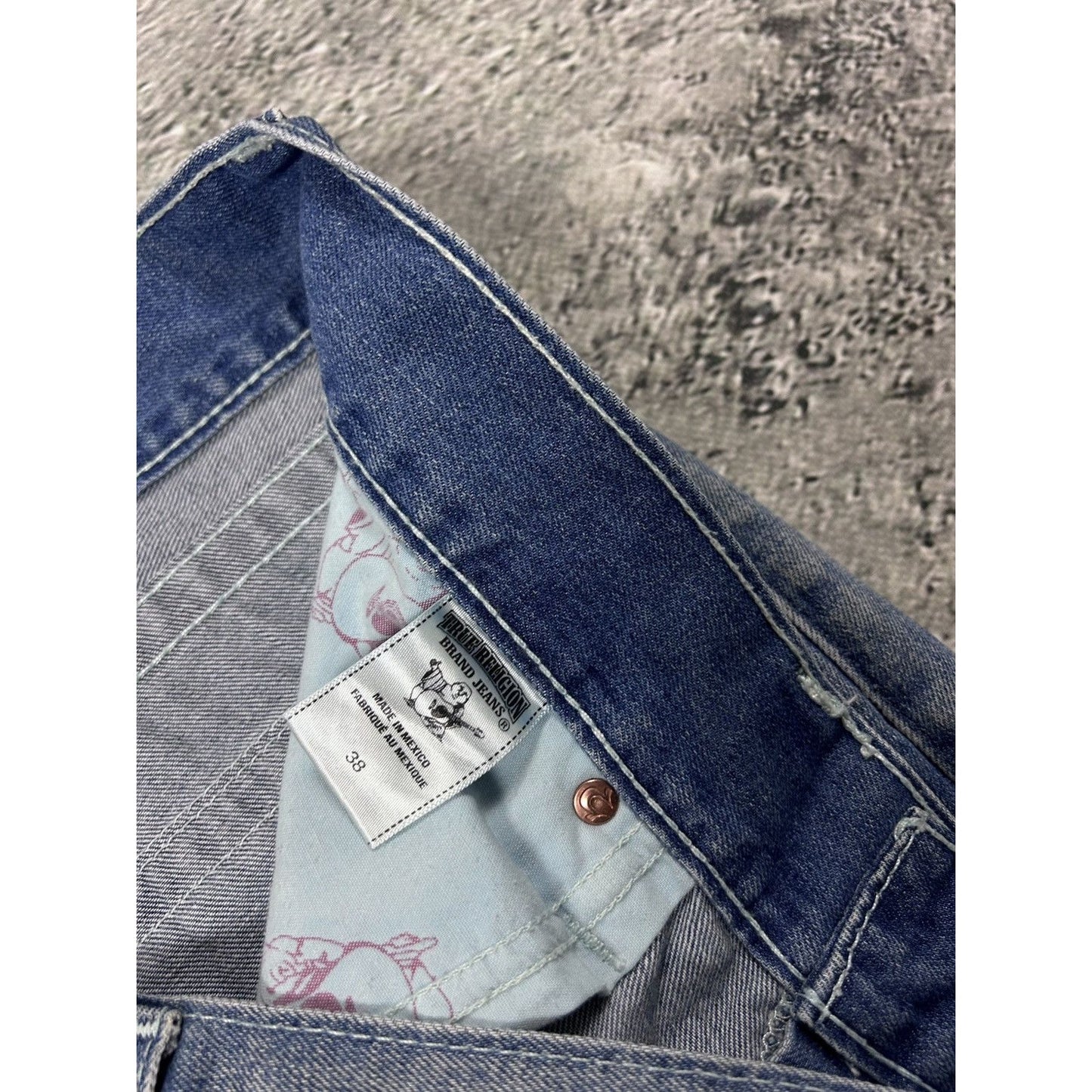True Religion baby blue jeans white stitching Slim Y2K