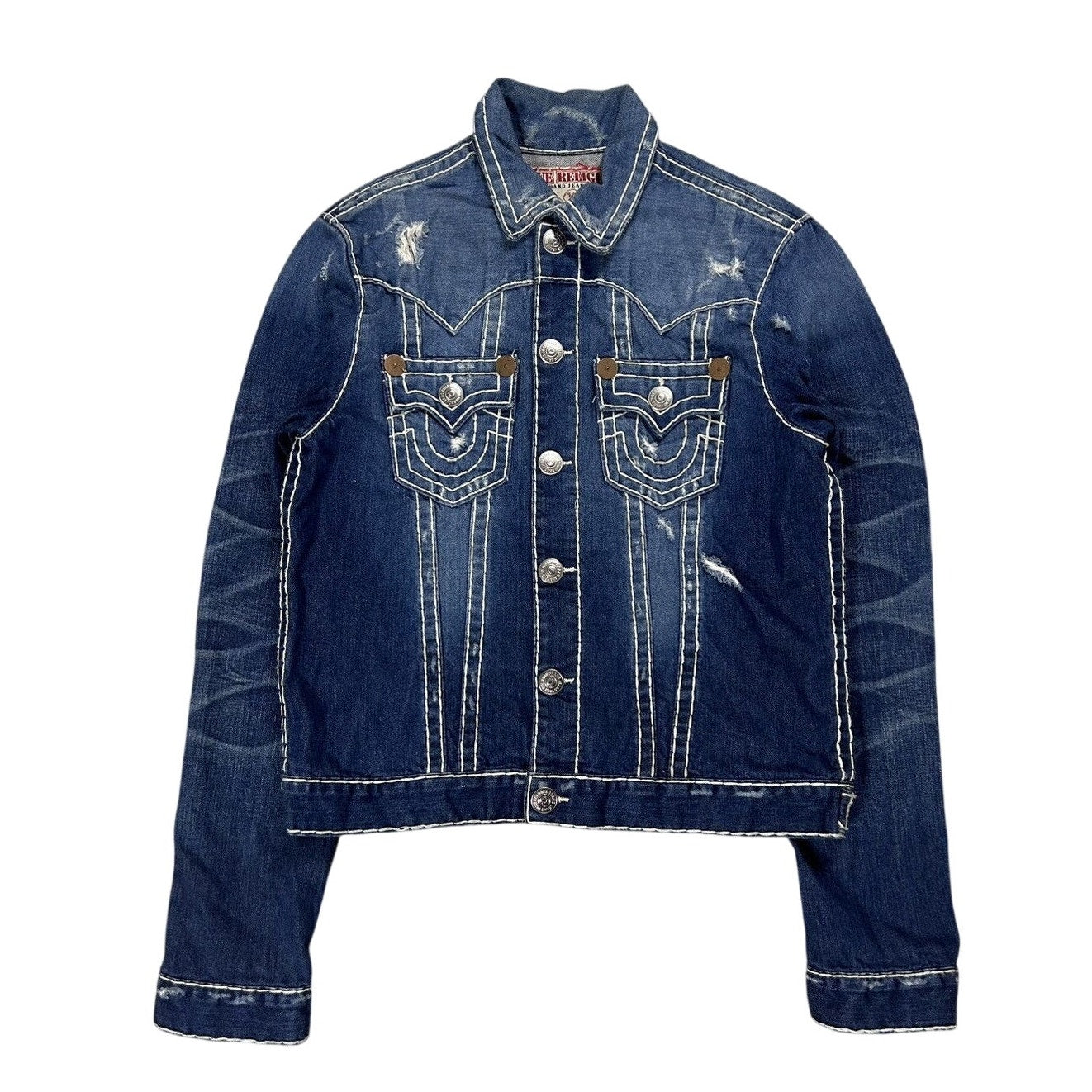 True Religion denim jacket blue white stitching vintage