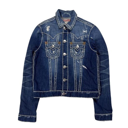 True Religion denim jacket blue white stitching vintage