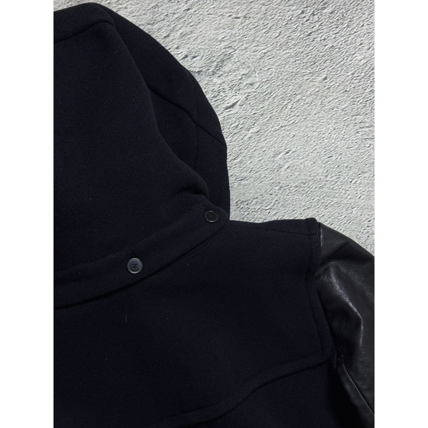 Sandro coat heavy wool black leather sleeves detachable hood
