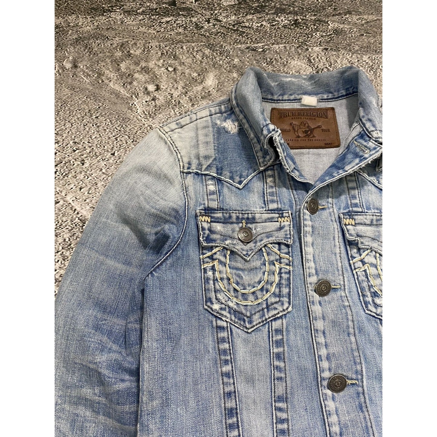 True Religion vintage denim jacket blue white stitching