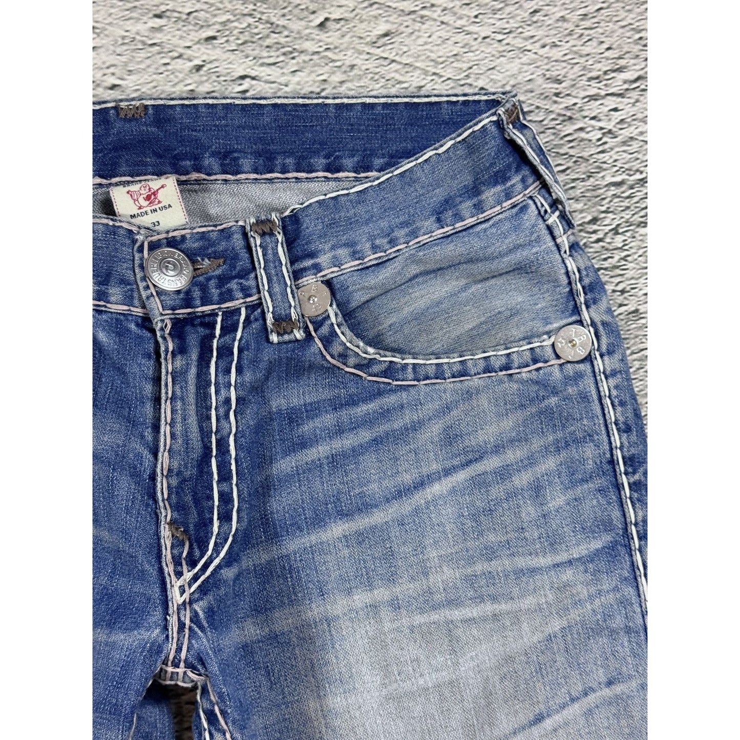 True Religion Blue jeans White Brown thick stitching Bobby