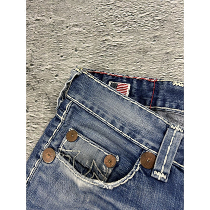 True Religion blue jeans white thick stitching Bobby