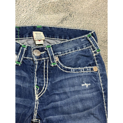 True Religion Geno Green tab blue jeans white stitching