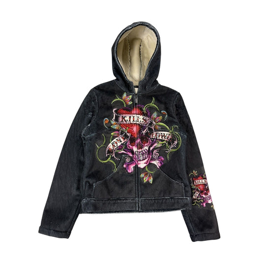 Ed Hardy zip hoodie black red vintage Y2K faux fur