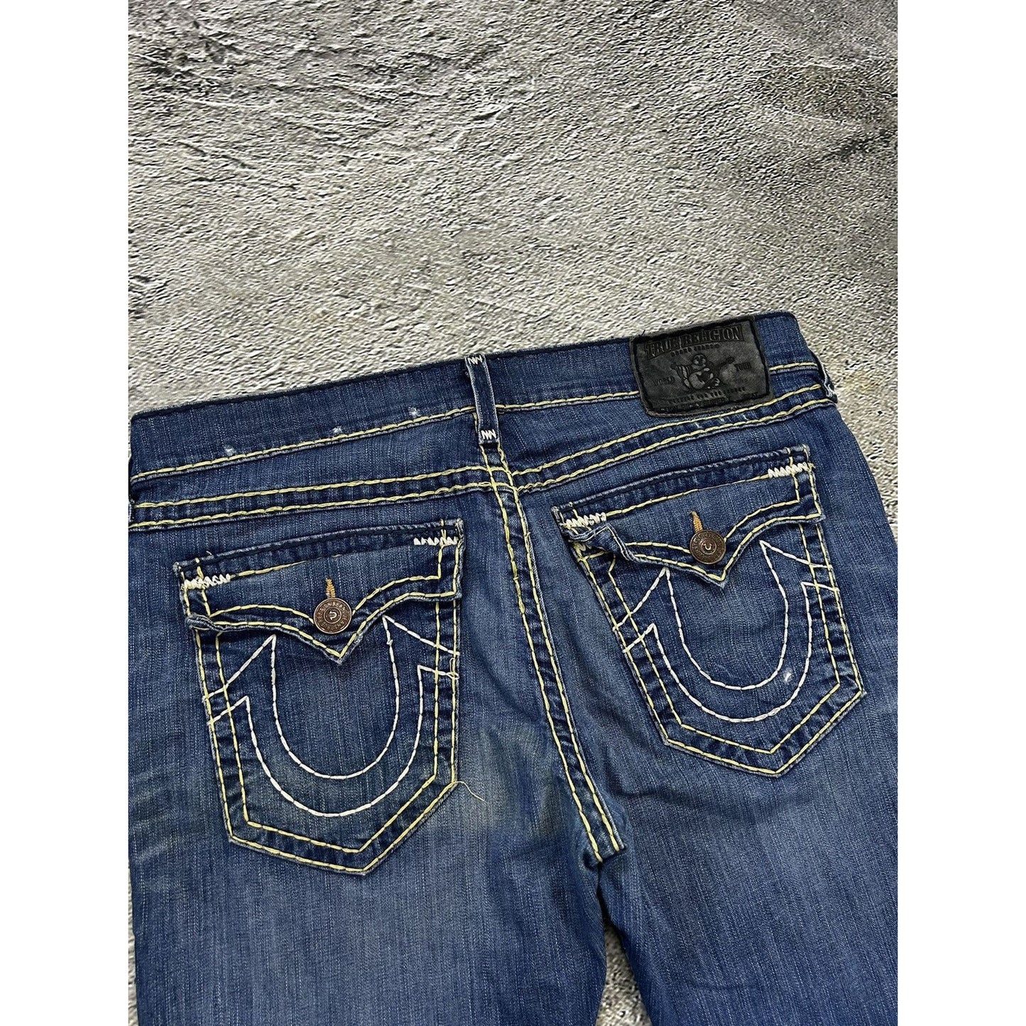 True Religion navy jeans white thick stitching Y2K