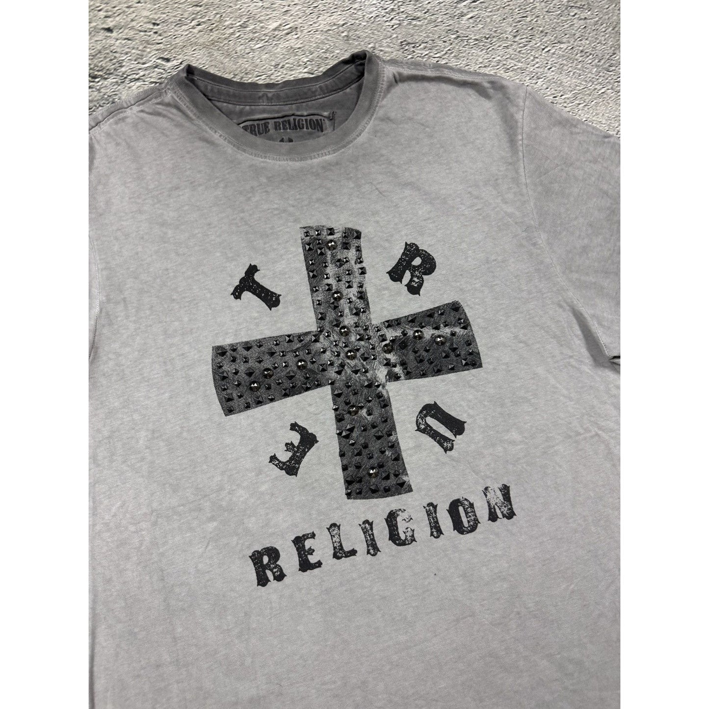 True Religion gray cross studded T-shirt big logo washed