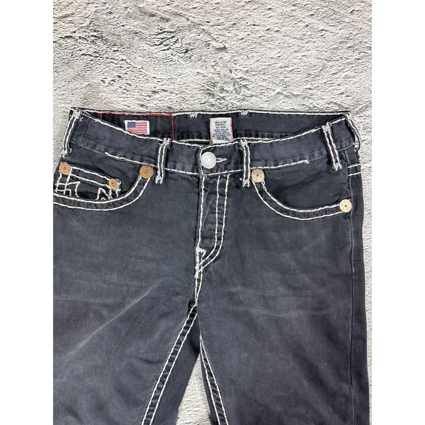 True Religion black jeans white thick stitching Y2K Logan