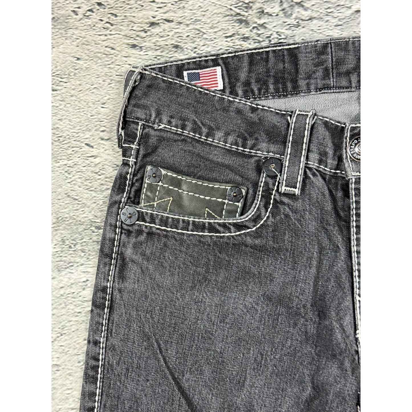 True Religion jeans grey black leather patch Bobby straight