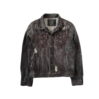 True Religion denim jacket black red contrast stitching Y2K