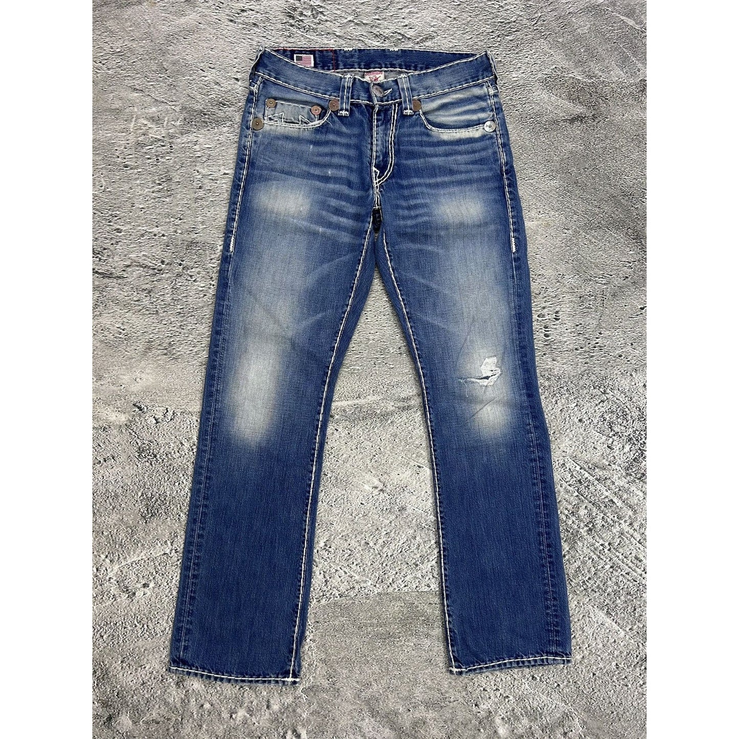 True Religion Blue jeans white thick stitching Bobby