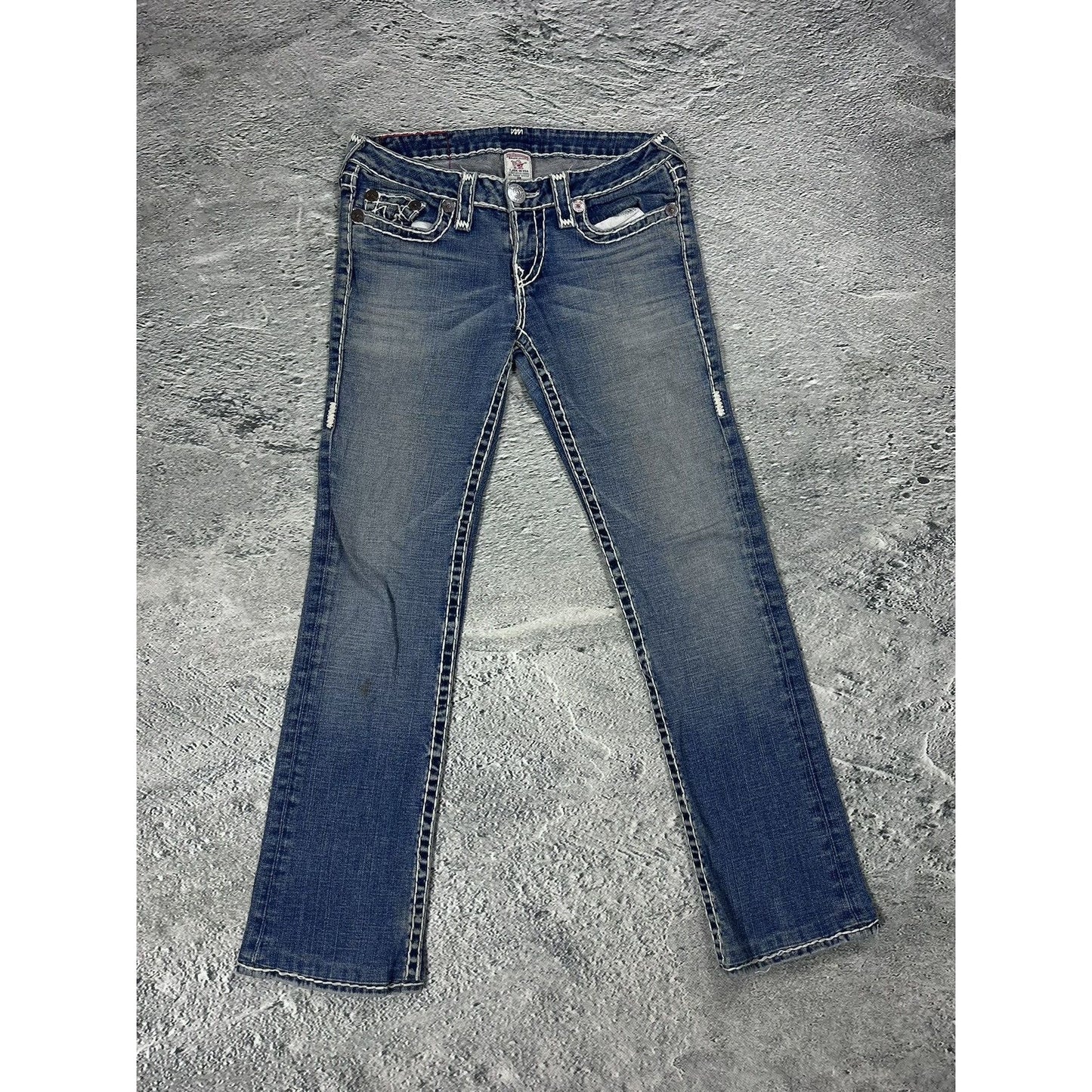 True Religion blue jeans white thick stitching Gina super T