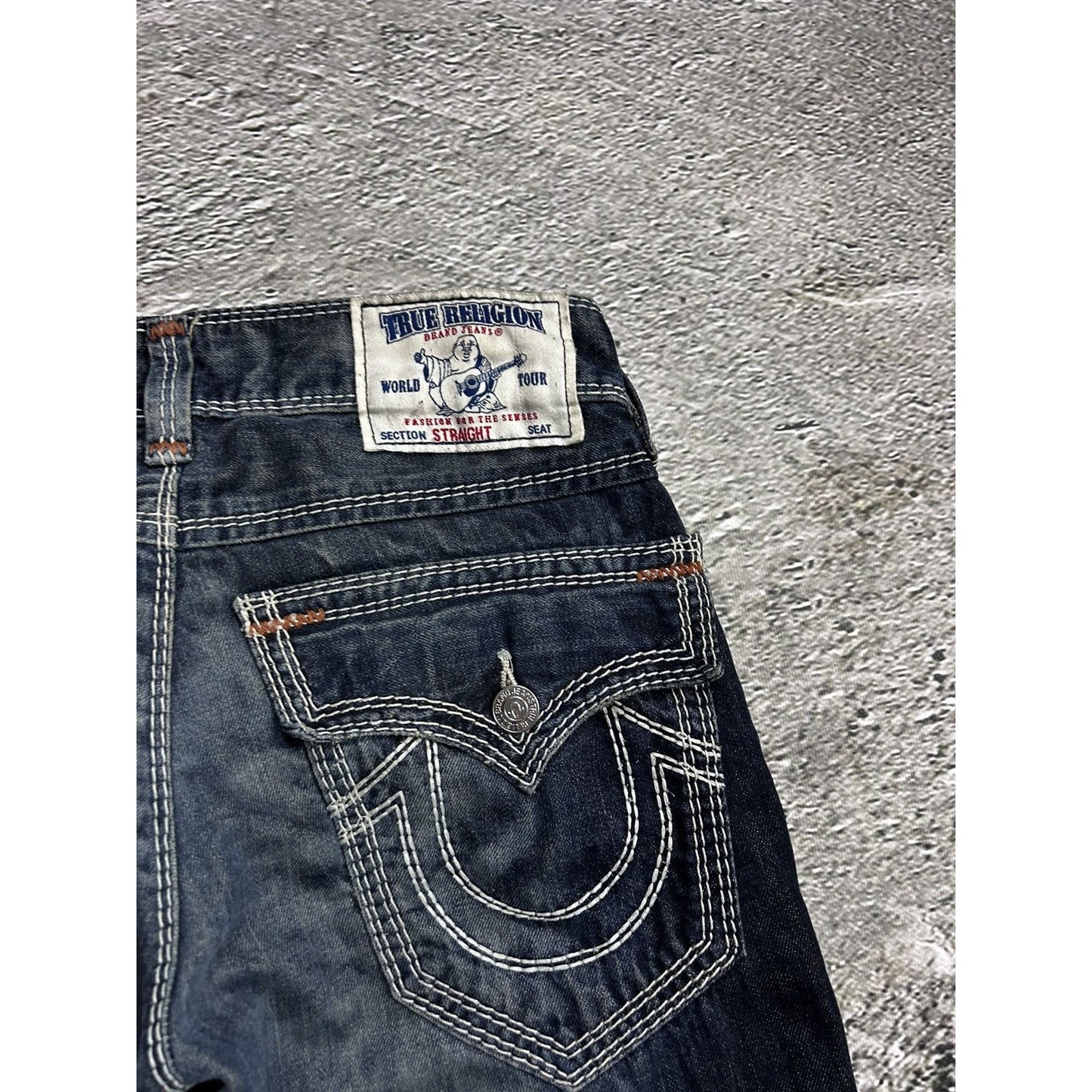 True Religion navy jeans white thick stitching Y2K