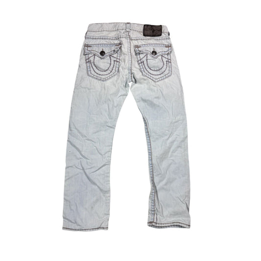 True Religion light blue jeans beige stitching Ricky Super T