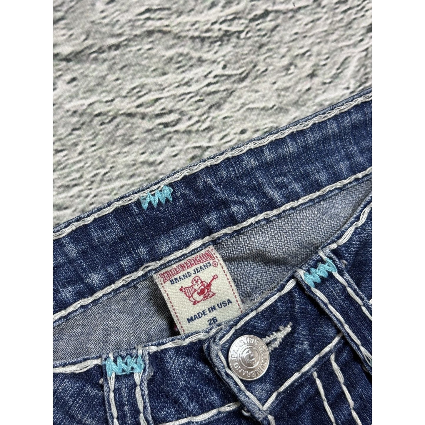 True Religion jeans bootcut blue white thick stitching