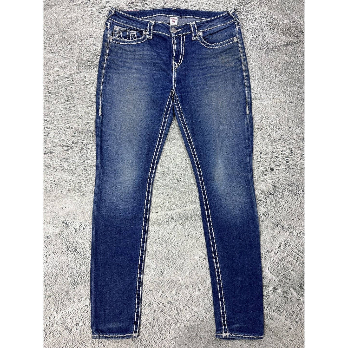 True Religion blue jeans white thick stitching skinny