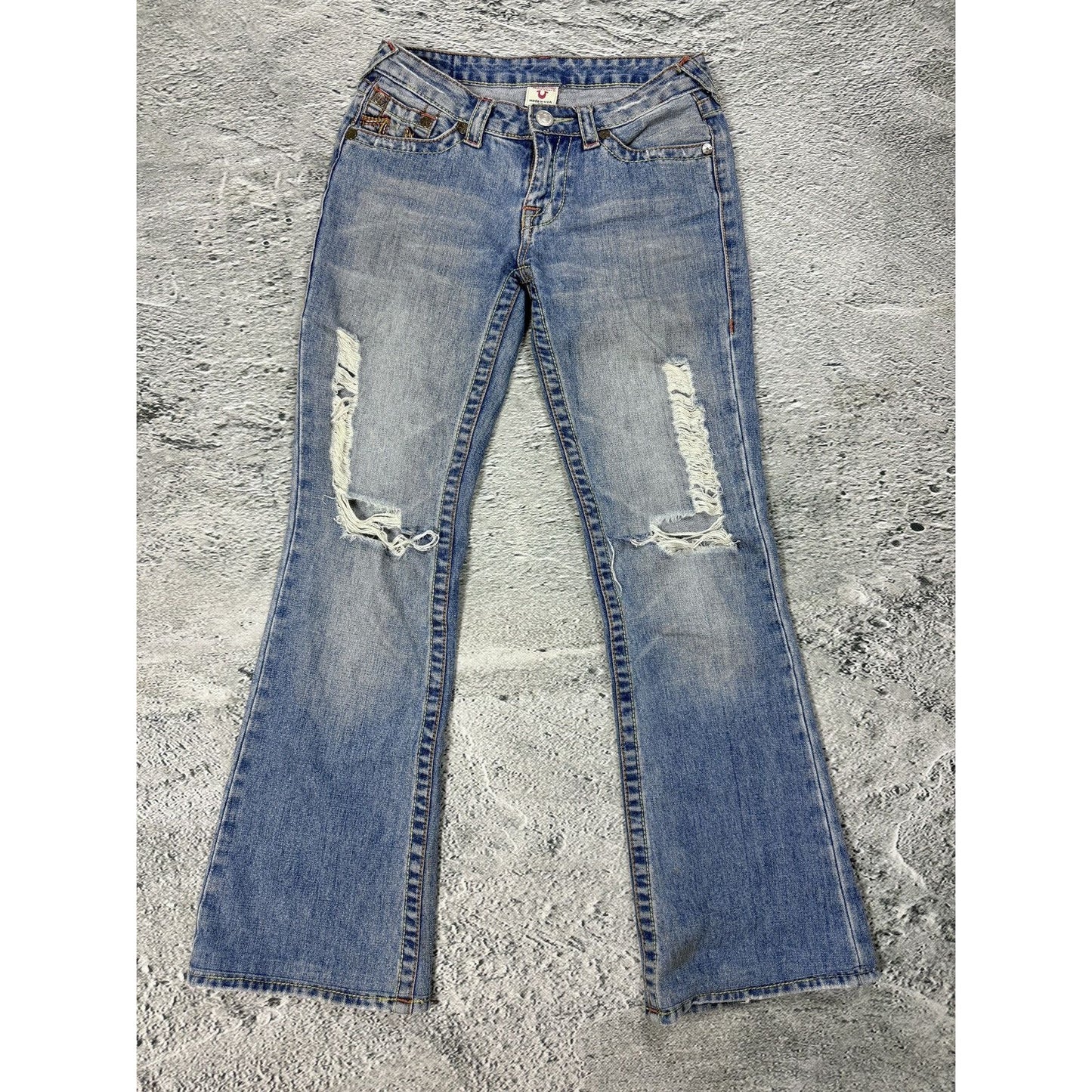 True Religion flared jeans blue white thick stitching Y2K