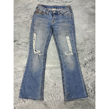 True Religion flared jeans blue white thick stitching Y2K