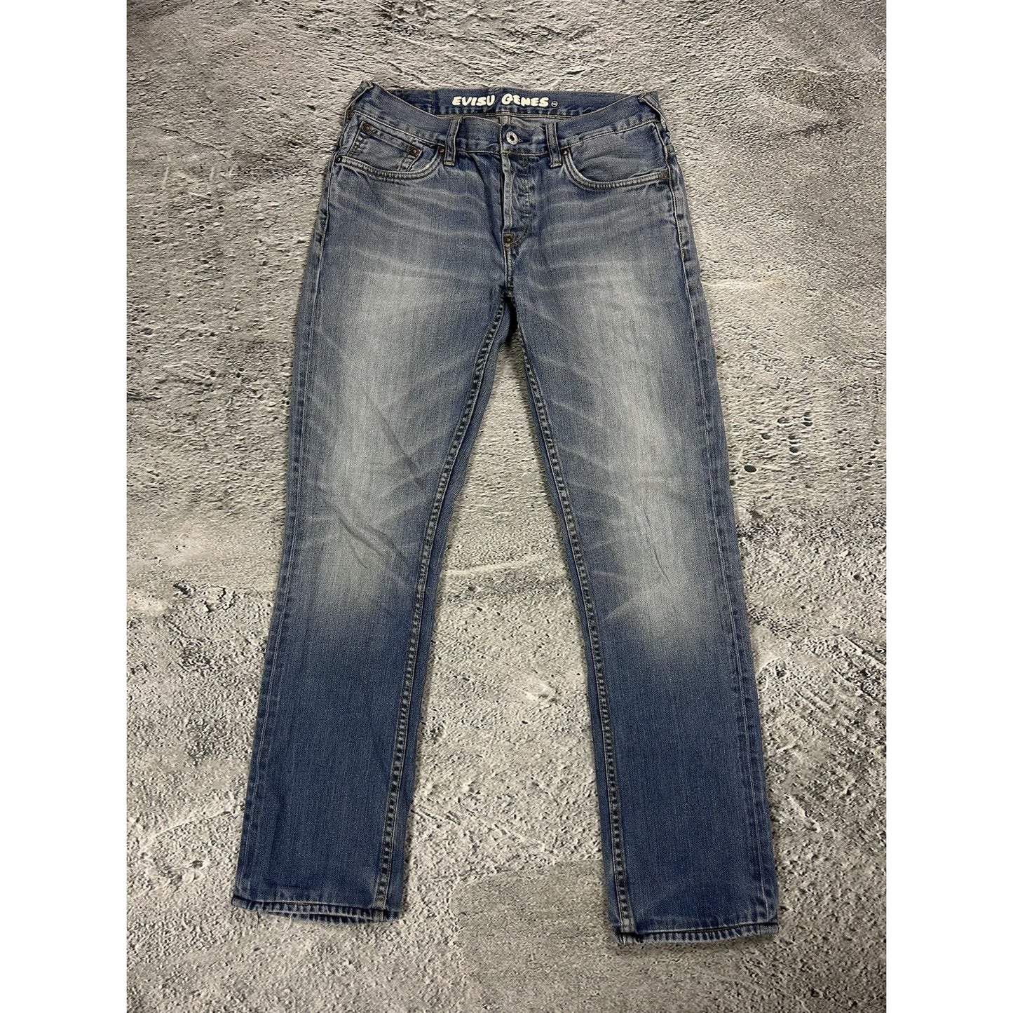 Evisu Genes jeans vintage denim baby blue white seagull Y2K