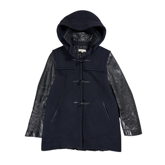 Sandro coat heavy wool black leather sleeves detachable hood