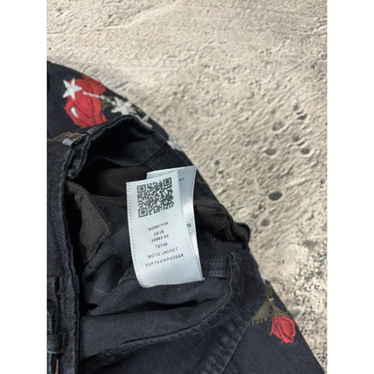 True Religion denim jacket Biker black roses studded red