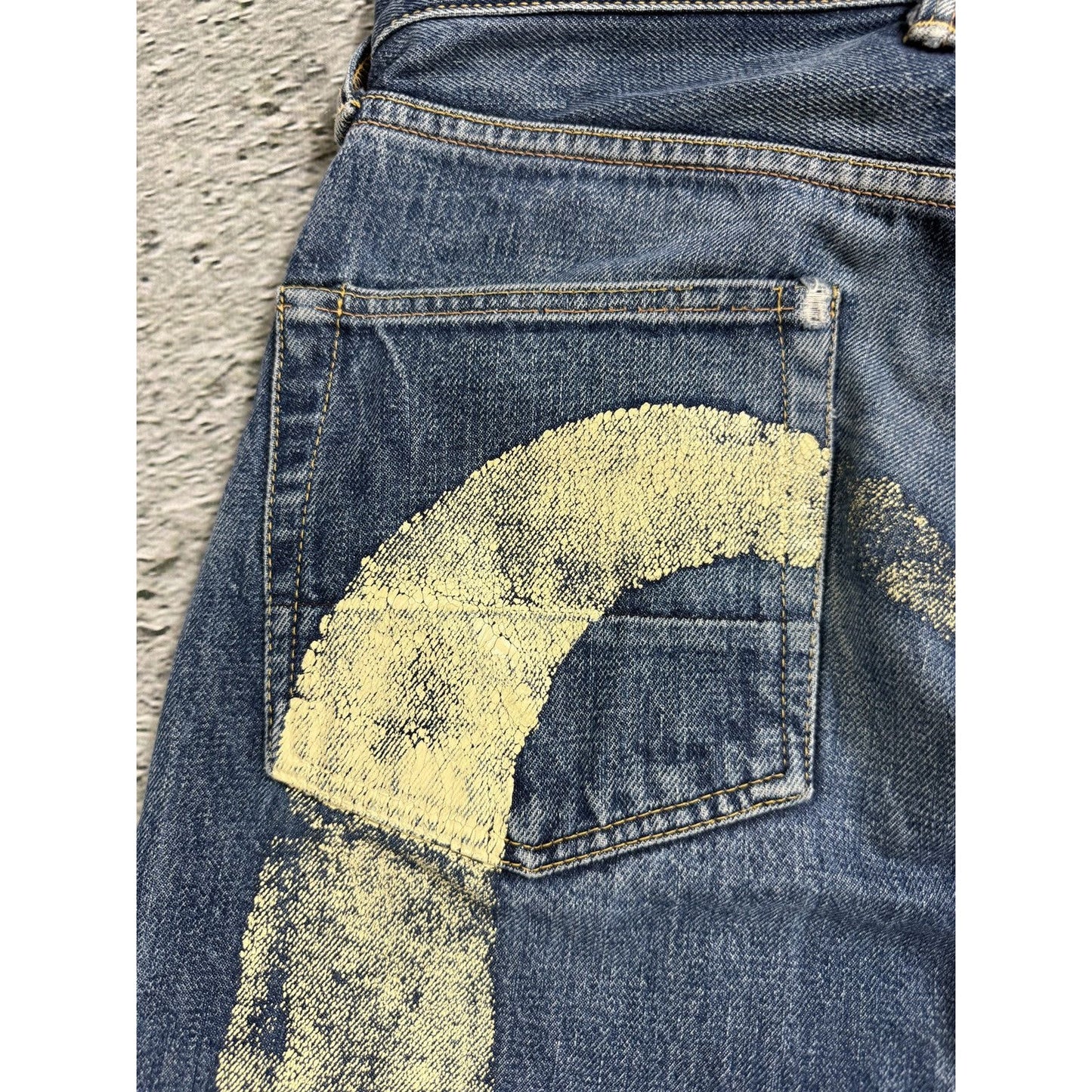 Evisu jeans yellow daicock big logo blue selvedge denim