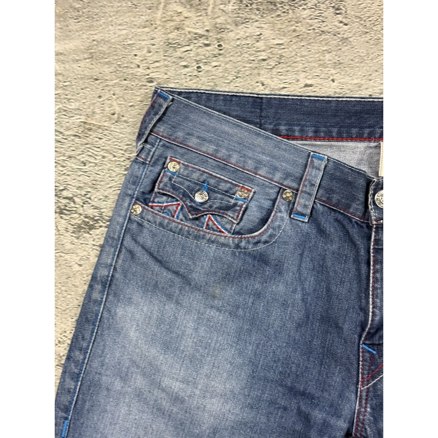 True Religion jorts denim shorts stitching blue red