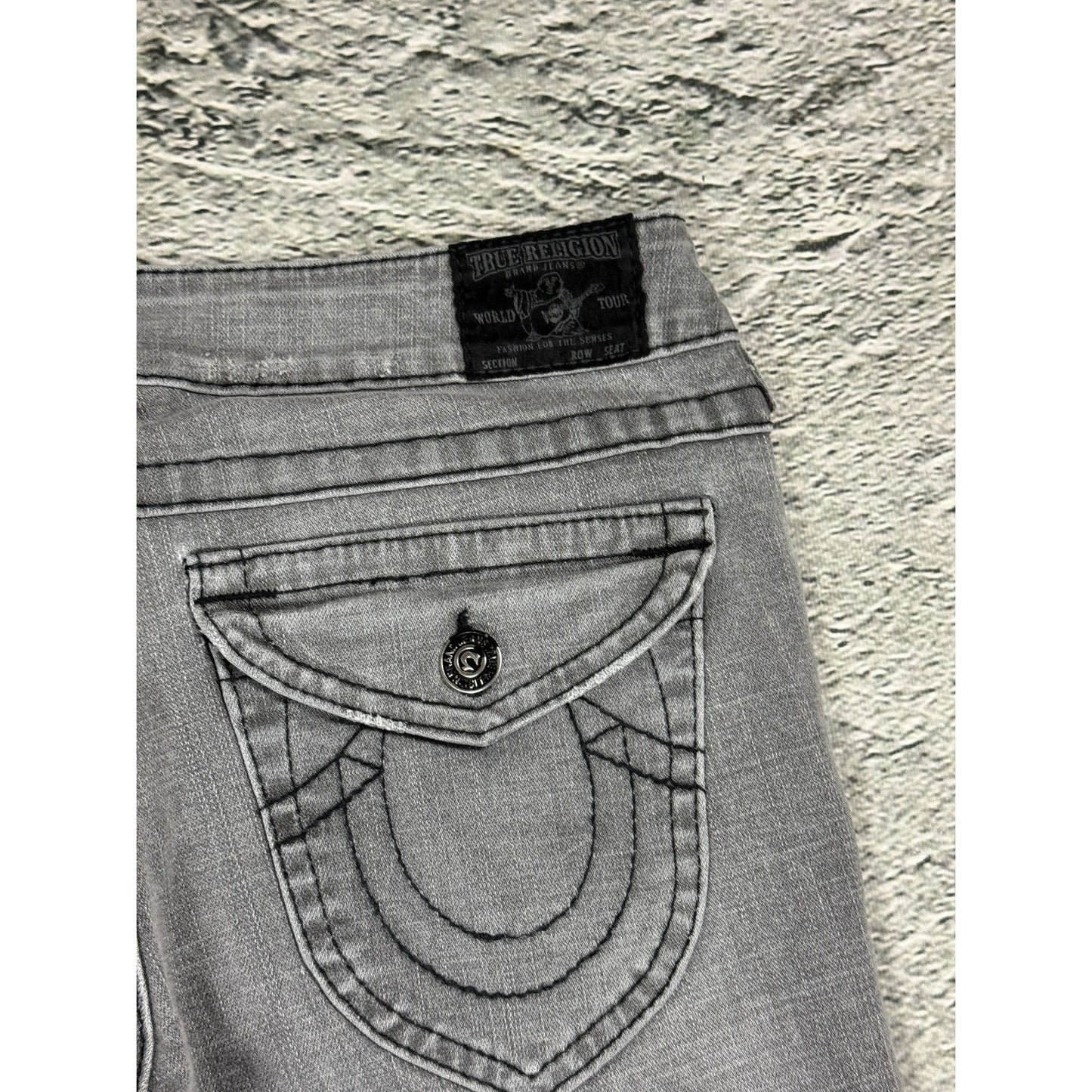 True Religion jeans grey black thick stitching flared Billy