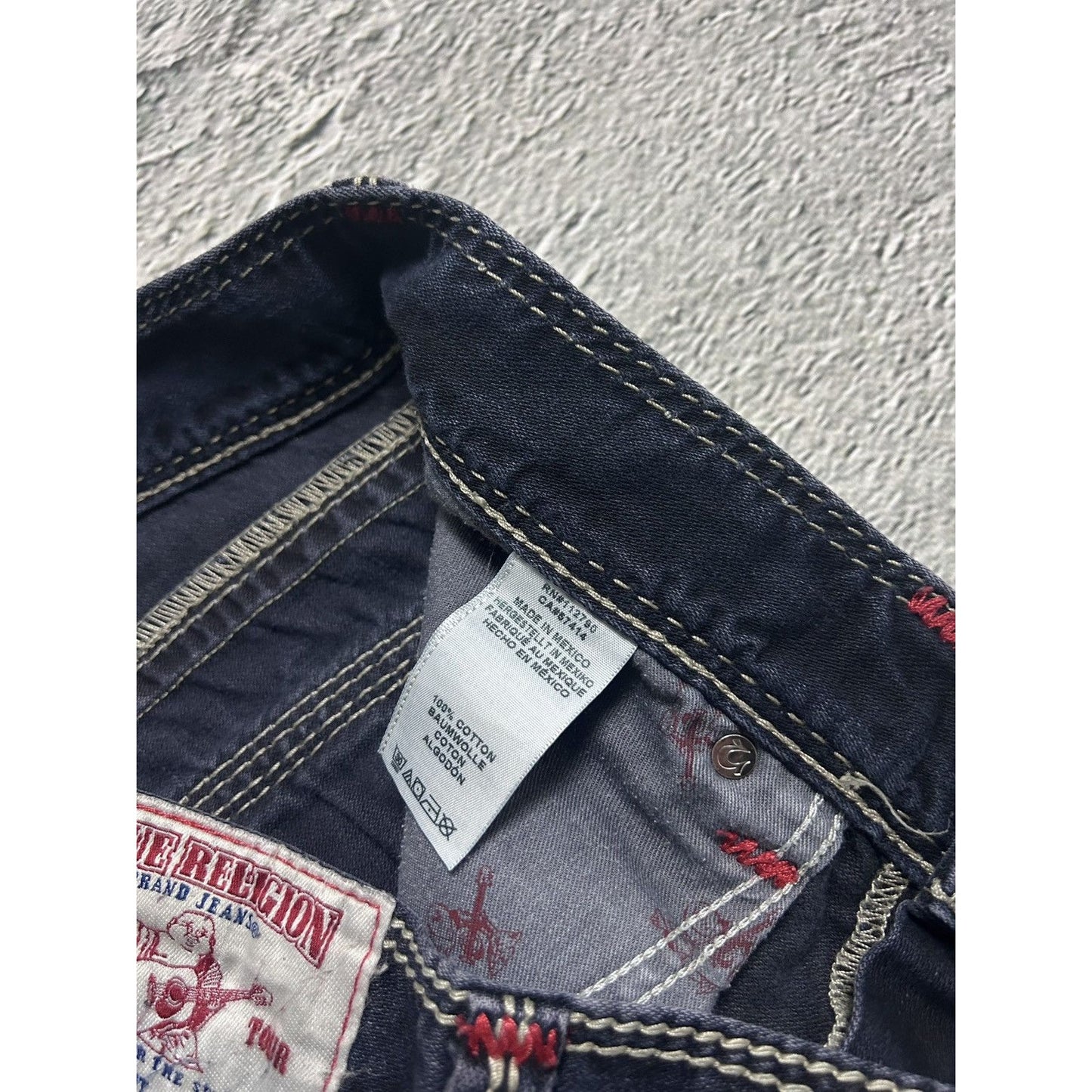 True Religion VAMP navy blue jeans red stitch contrast Y2K
