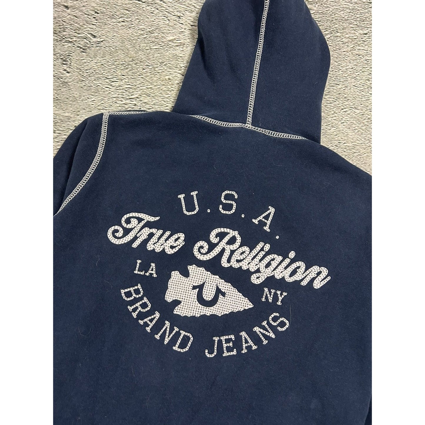 True Religion vintage navy blue zip hoodie rhinestones Y2K
