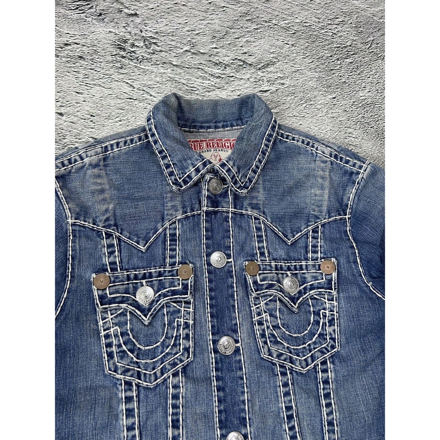 True Religion denim jacket trucker blue contrast stitching