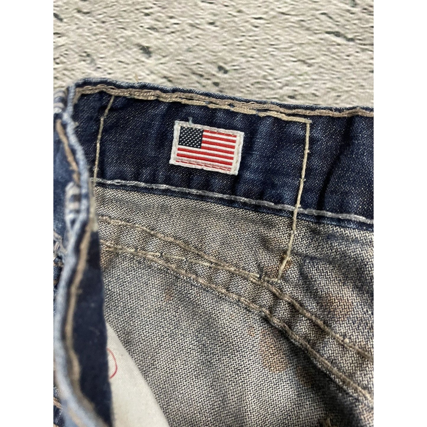 True Religion jeans dark navy thick stitching brown Logan