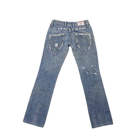 True Religion baby blue jeans white thick stitching straight