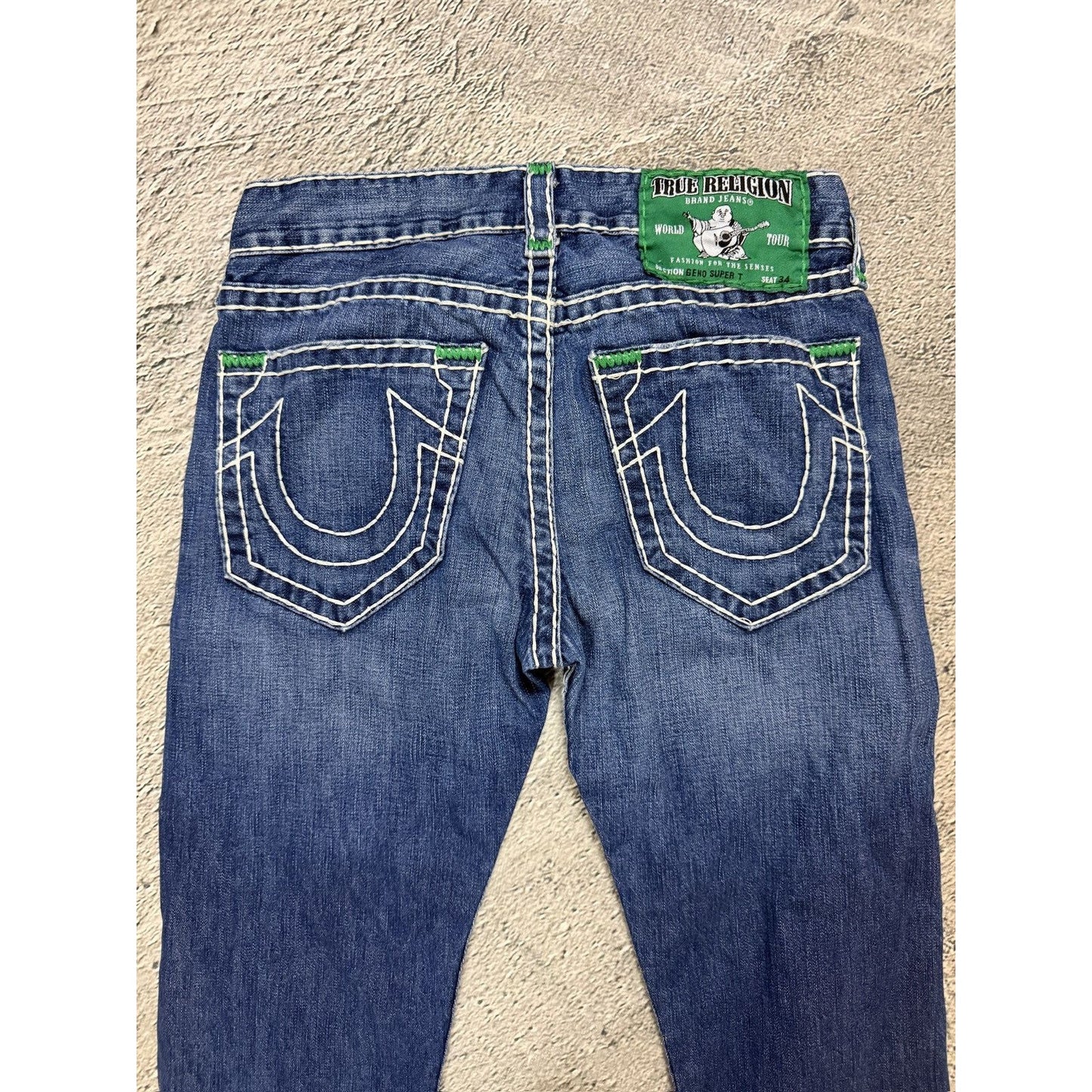 True Religion Geno Green tab blue jeans white stitching