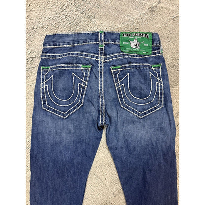 True Religion Geno Green tab blue jeans white stitching