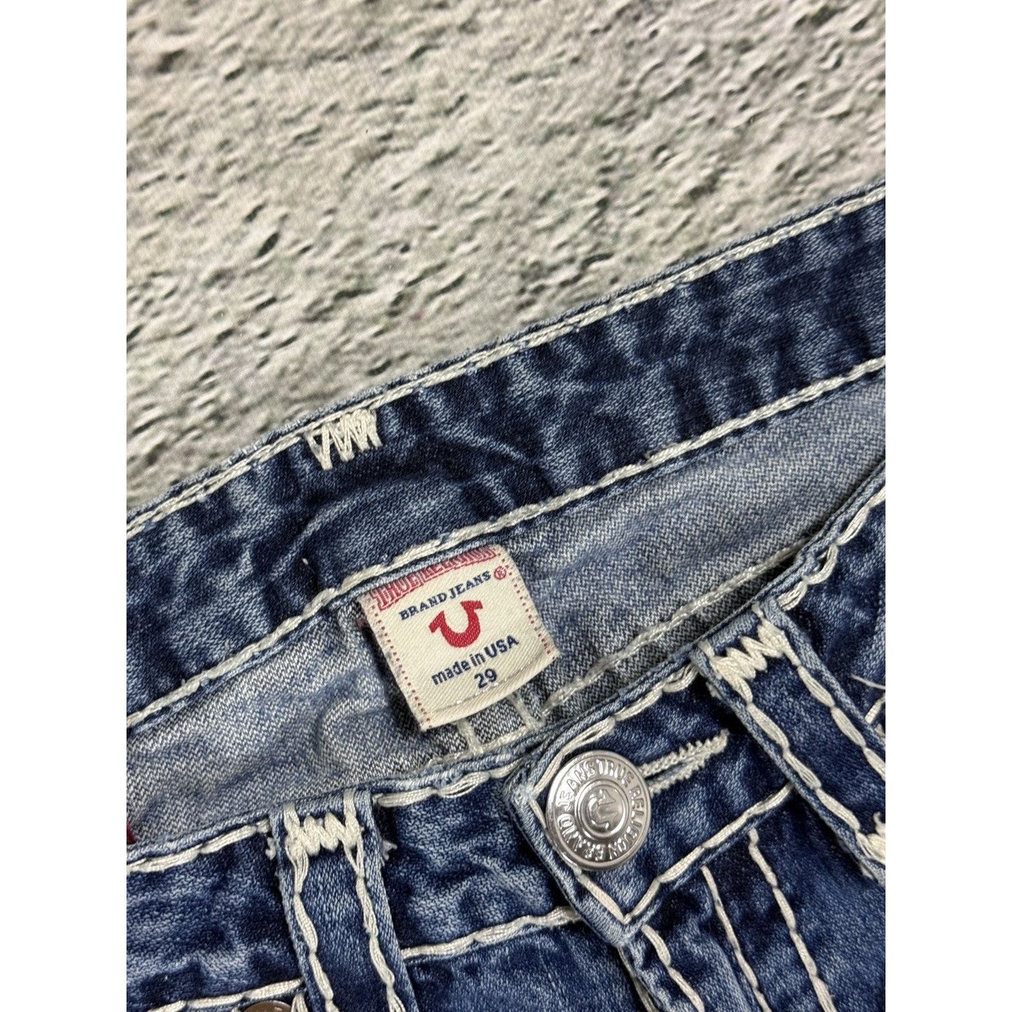 True Religion blue jeans white thick stitching Johnny