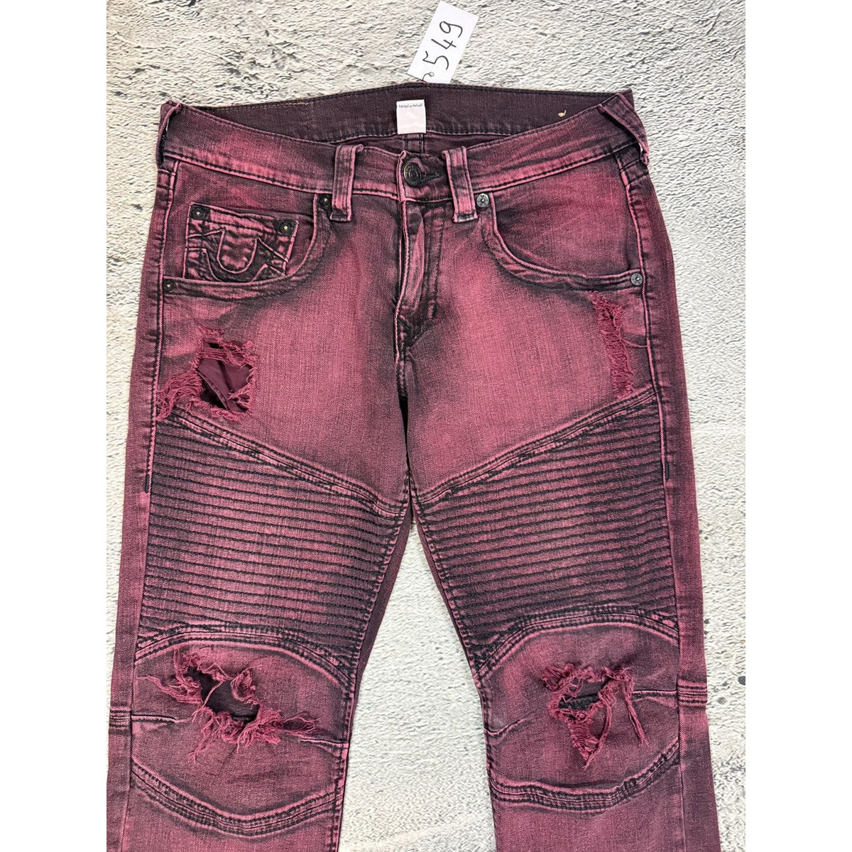 True Religion jeans biker burgundy red Moto washed Y2K slim skinny