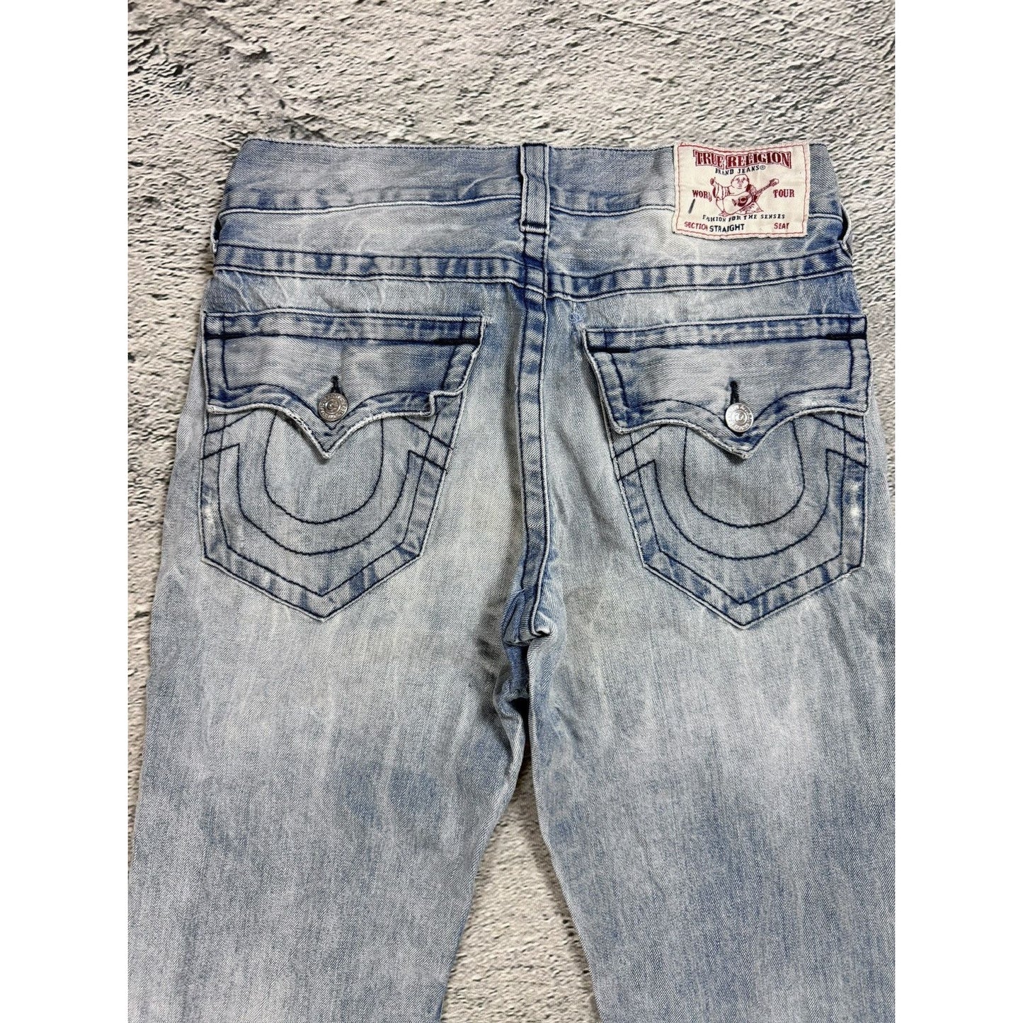True Religion baby blue jeans black thick stitching straight